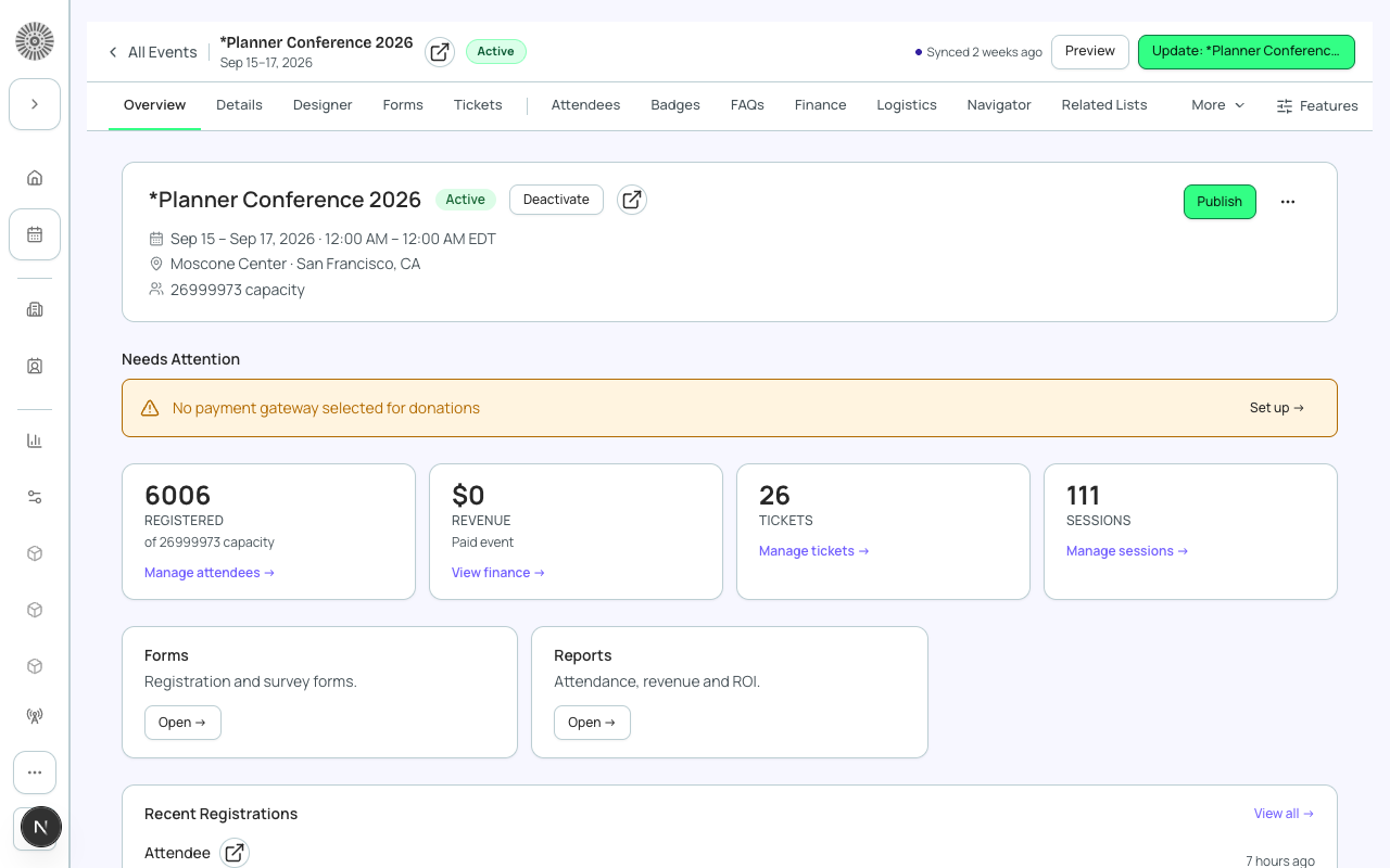 The Event Overview tab for Planner Conference 2026, showing registration count, revenue, and a breakdown by ticket type.